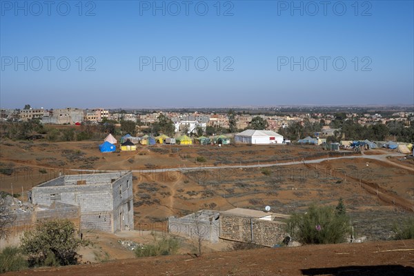 Houses destroyed by the earthquake, people living in tents, Amizmiz, Morocco, Africa