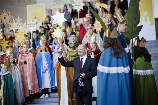 Federal Chancellor Olaf Scholz (SPD) pictured at the traditional reception for carol singers at the Federal Chancellery in Berlin, 8 January 2024