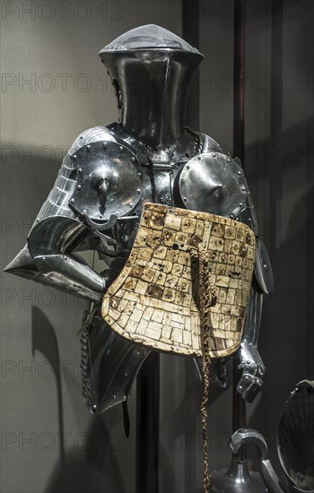 Medieval jousting armour with bascinet and ivory shield