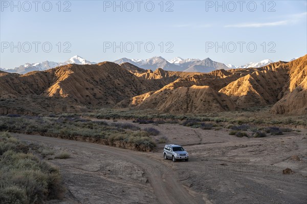 Off-road vehicle on off-road road, eroded hilly landscape, Badlands, Valley of the Forgotten Rivers, near Bokonbayevo, Yssykkoel, Kyrgyzstan, Asia