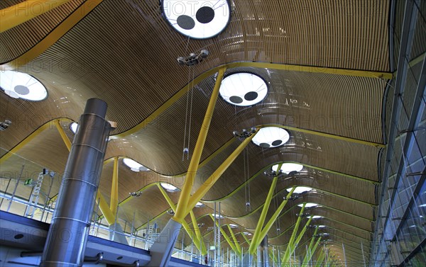 Modern architecture ceiling interior of terminal 4 building, Adolfo Suarez Madridâ€“Barajas airport, Madrid, Spain, Europe