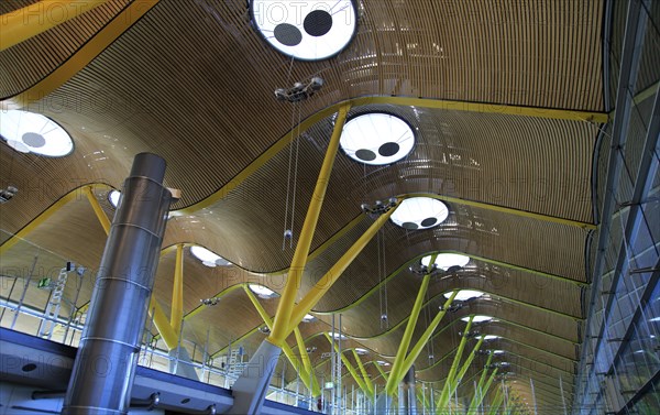 Modern architecture ceiling interior of terminal 4 building, Adolfo Suarez Madrid–Barajas airport, Madrid, Spain, Europe