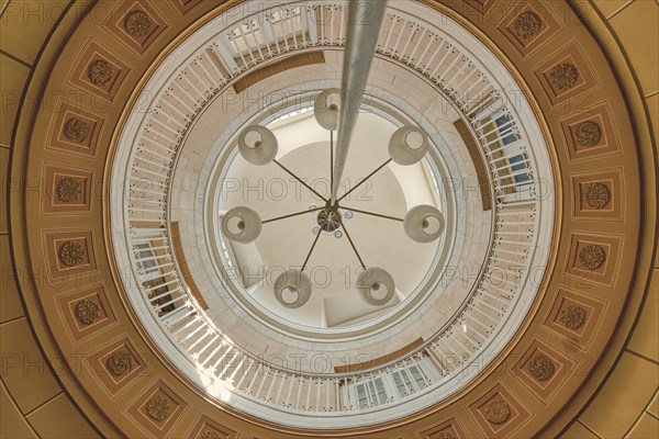 Underside of a large ceiling dome with fine geometric patterns and central lighting, Schachtrupp Villa, Lost Place, Osterode am Harz, Lower Saxony, Germany, Europe