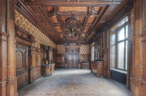 Room with ornate wood carvings on the ceiling and walls, window provides natural light, Villa Woodstock, Lost Place, Wuppertal, North Rhine-Westphalia, Germany, Europe