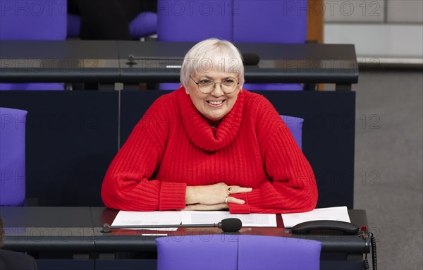 Claudia Roth, Minister of State for Culture and the Media laughs during a speech in the German Bundestag, Berlin, 26/01/2023