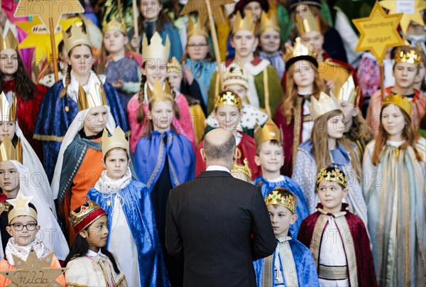 Federal Chancellor Olaf Scholz (SPD) pictured at the traditional reception for carol singers at the Federal Chancellery in Berlin, 8 January 2024