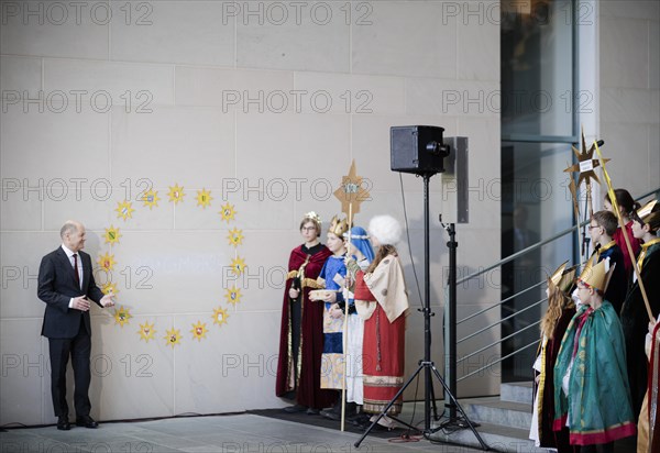 Federal Chancellor Olaf Scholz (SPD) pictured at the traditional reception for carol singers at the Federal Chancellery in Berlin, 8 January 2024