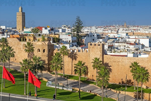 City walls of the Kasbah of the Udayas, Oudaias and Minaret of the Old Mosque in the capital Rabat at sunset, Rabat-Sale-Kenitra, Morocco, Africa