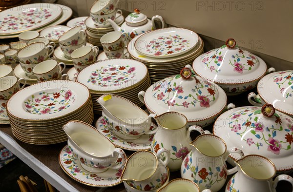 Porcelain China crockery on display in auction room, Suffolk, England, UK