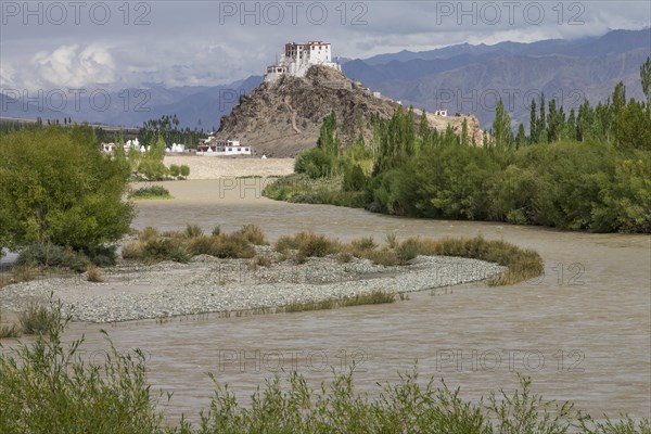 Stakna Gompa, the Buddhist monastery located on a hill above the Indus River in the central part of Ladakh. It belongs to the Drukpa Lineage of the Tibetan Buddhism. Photographed in mid-August, the summer season, when the level of water in Indus is usually high. Leh District, Union Territory of Ladakh, India, Asia