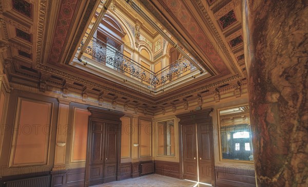 View of a magnificently decorated ceiling with columns and paintings, Villa Woodstock, Lost Place, Wuppertal, North Rhine-Westphalia, Germany, Europe