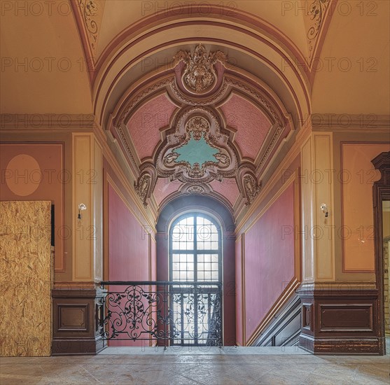 Detail of an elegant corridor with pink walls and elaborate Baroque-style ceiling paintings, Villa Woodstock, Lost Place, Wuppertal, North Rhine-Westphalia, Germany, Europe