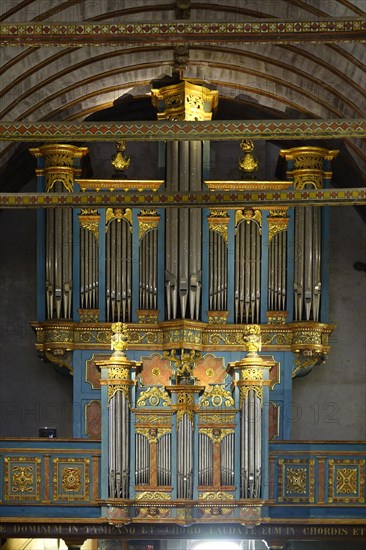 Organ of the Saint Germain church, Enclos Paroissial de Pleyben enclosed parish from the 15th to 17th century, Finistere department, Brittany region, France, Europe