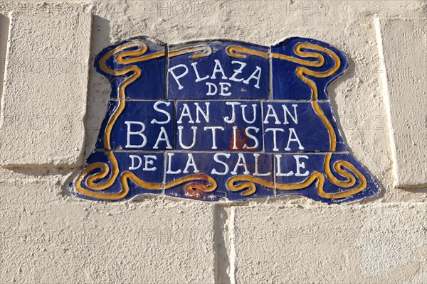 Close up of ceramic tiles sign Plaza de San Juan Bautista de la Salle, Melilla autonomous city state Spanish territory in north Africa, Spain, Europe