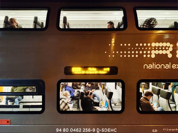 National Express RE6 double-decker commuter train in the evening, Duesseldorf Central Station, North Rhine-Westphalia, Germany, Europe