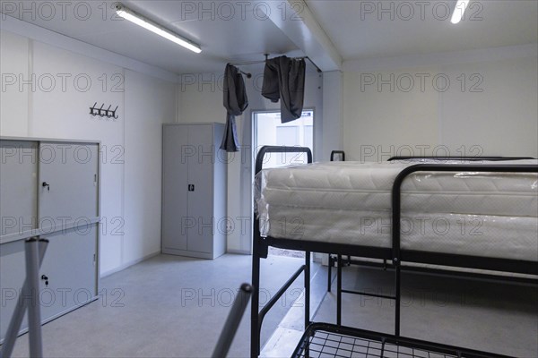 Press event in front of the commissioning of the residential containers for refugees at Sachsenplatz, Johannstadt for 72 people. 4-bed room, Dresden, Saxony, Germany, Europe