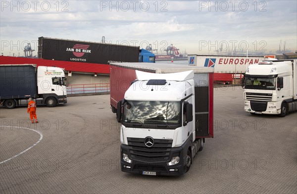 Heavy goods freight vehicles disembarkation from Stena Lines ferry, Hook of Holland, Netherlands