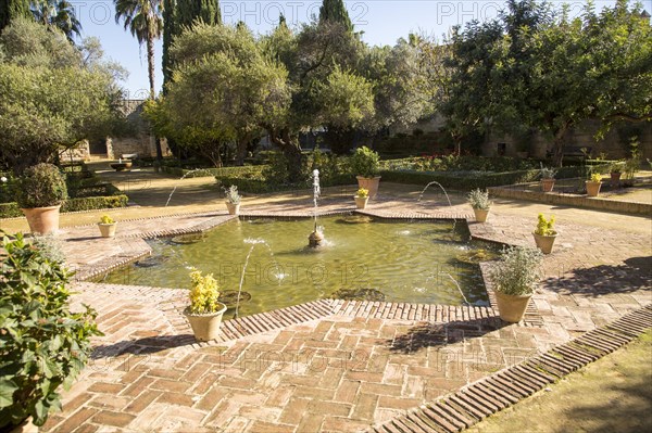 Pool and water fountains gardens in the Alcazar, Jerez de la Frontera, Spain, Europe