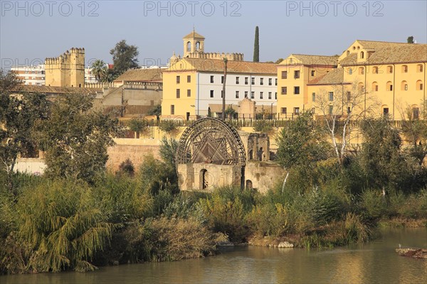 Historic Albolafia Moorish water-wheel on river Rio Guadalquivir, Cordoba, Spain, Europe