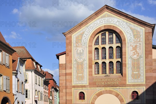 The entrance portal of the Humanist Library of Selestat, Alsace, France, Europe