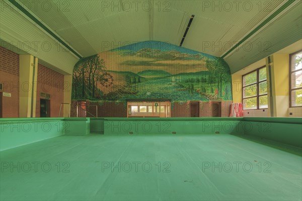 Abandoned swimming area with wall art and green walls, radiates tranquillity, Bad am Park, Lost Place, Essen, North Rhine-Westphalia, Germany, Europe