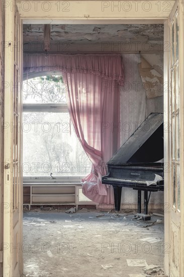 A damaged grand piano in a dilapidated room with tattered pink curtains and dust, urologist's villa Dr Anna L., Lost Place, Bad Wildungen, Hesse, Germany, Europe