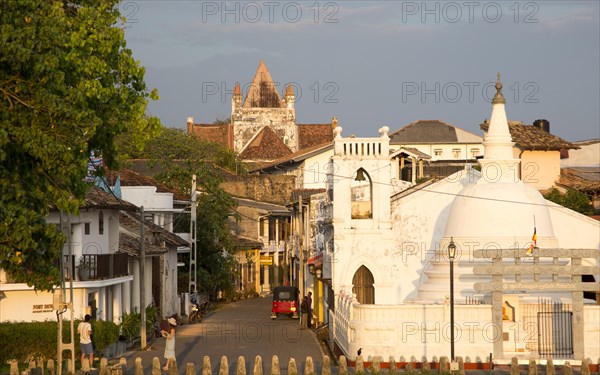 Street and house in historic town of Galle, Sri Lanka, Asia with Christian church and Buddhist temple, Asia