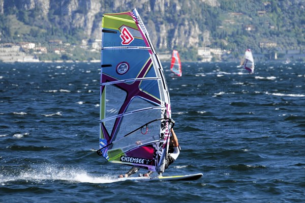 Windsurfers surfing in strong winds on Lake Garda near Malcesine, Veneto, Italy, Europe