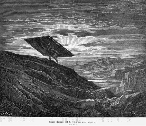 Samson or Samson lifts the gates of Gaza, Book of Judges, Chapter 16, Bible, city of Gaza, Mount Hebron, heavy load, carry, city gates, mountain, ascend, ray of light, cloudy sky, rock, Old Testament, historical illustration 1885