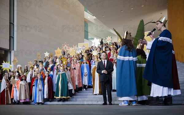 Federal Chancellor Olaf Scholz (SPD) pictured at the traditional reception for carol singers at the Federal Chancellery in Berlin, 8 January 2024