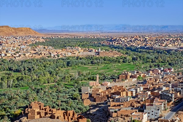 Aerial view over the city Tinghir, Tinerhir oasis, south of the High Atlas, Draa-Tafilalet Region, Central Morocco
