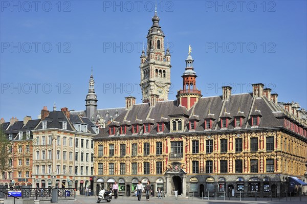 Bell tower of Chamber of Commerce and La Vieille Bourse at the Place du General de Gaulle, Lille, France, Europe