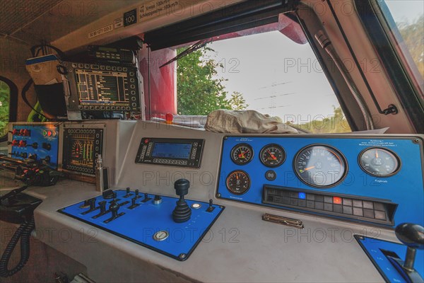 Close-up of the control instruments and fittings in a locomotive, Lower Rhine, North Rhine-Westphalia, Germany, Europe