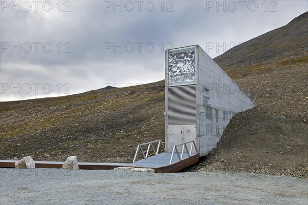 Entrance to the Svalbard Global Seed Vault, largest seed bank in the world and backup facility for the crop diversity near Longyearbyen, Spitsbergen