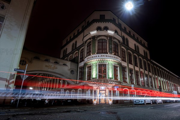 Stripes of light in front of a theatre building at night using long exposure Kollmar & Jourdan-Haus, Pforzheim, Germany, Europe