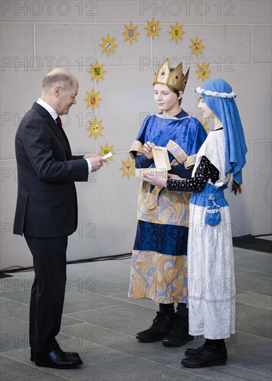 Federal Chancellor Olaf Scholz (SPD) pictured at the traditional reception for carol singers at the Federal Chancellery in Berlin, 8 January 2024