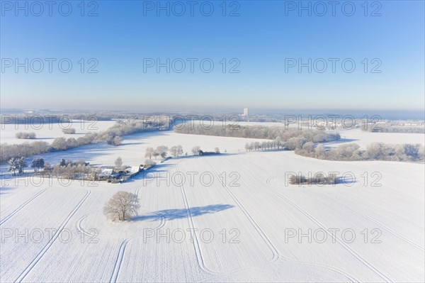 Aerial view over rural landscape with fields and meadows, surrounded by trees and hedgerows covered in snow in winter, Schleswig-Holstein, Germany, Europe