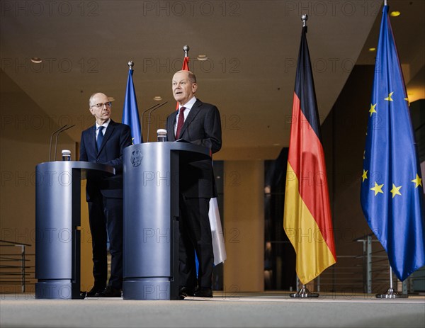 Federal Chancellor Olaf Scholz (SPD) and Luc Frieden, Prime Minister of the Grand Duchy of Luxembourg, give a press conference after talks at the Federal Chancellery in Berlin, 8 January 2024