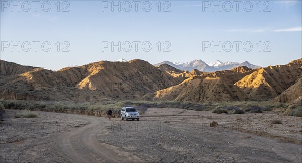 Off-road vehicle on off-road road, eroded hilly landscape, Badlands, Valley of the Forgotten Rivers, near Bokonbayevo, Yssykkoel, Kyrgyzstan, Asia