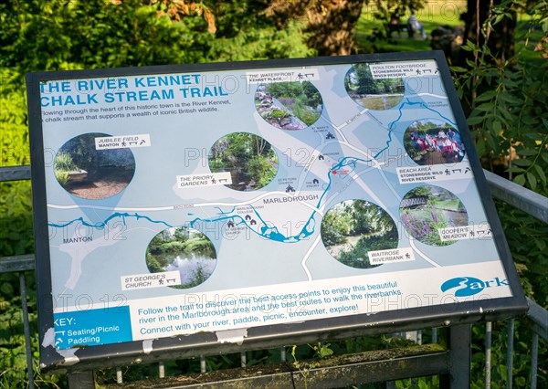 Information panel about the River Kennet chalk stream trail, Marlborough, Wiltshire, England, UK