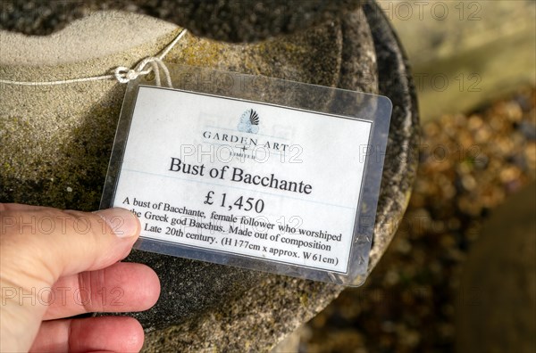 Price label tag stone bust of Bacchiante, Garden Art Limited, Eddington, Hungerford, Berkshire, England, UK