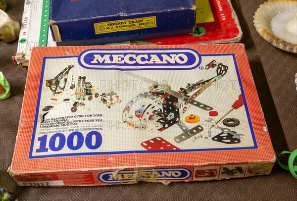 Vintage Meccano set on display in auction room, Suffolk, England, UK