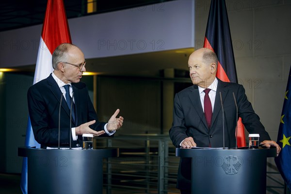 Federal Chancellor Olaf Scholz (SPD) and Luc Frieden, Prime Minister of the Grand Duchy of Luxembourg, give a press conference after talks at the Federal Chancellery in Berlin, 8 January 2024