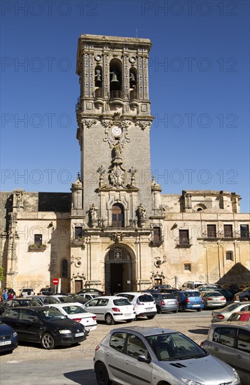 Tower of church Santa Maria de la Asuncion, Plaza del Cabildo, Arcos de la Frontera, Cadiz province, Spain, Europe