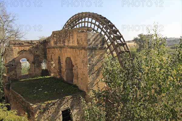 Historic Albolafia Moorish water-wheel on river Rio Guadalquivir, Cordoba, Spain, Europe