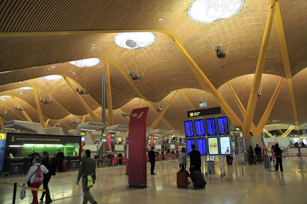 Modern architecture interior of terminal 4 building, Adolfo Suarez Madrid–Barajas airport, Madrid, Spain, Europe