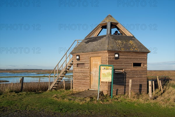 Bird hide at the nature reserve Verdronken Land van Saeftinghe, salt marsh of the Western Scheldt estuary on the border of the Netherlands and Belgium