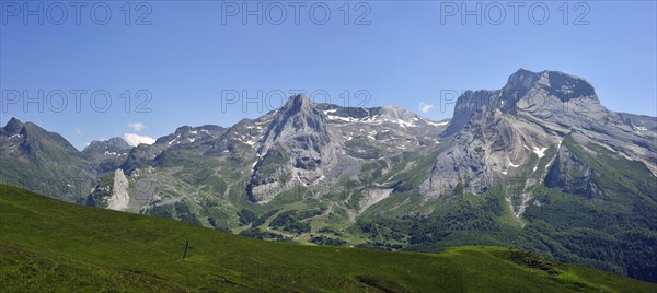 View over the Cirque de Gourette and the Massif du Ger seen from the Col d'Aubisque in the Pyrenees, France, Europe