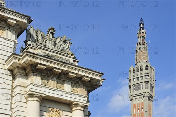 Belfry and triumphal arch Porte de Paris of Lille, France, Europe