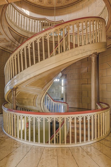 Interior view of a spiral staircase with wooden floors and white banisters, Schachtrupp Villa, Lost Place, Osterode am Harz, Lower Saxony, Germany, Europe